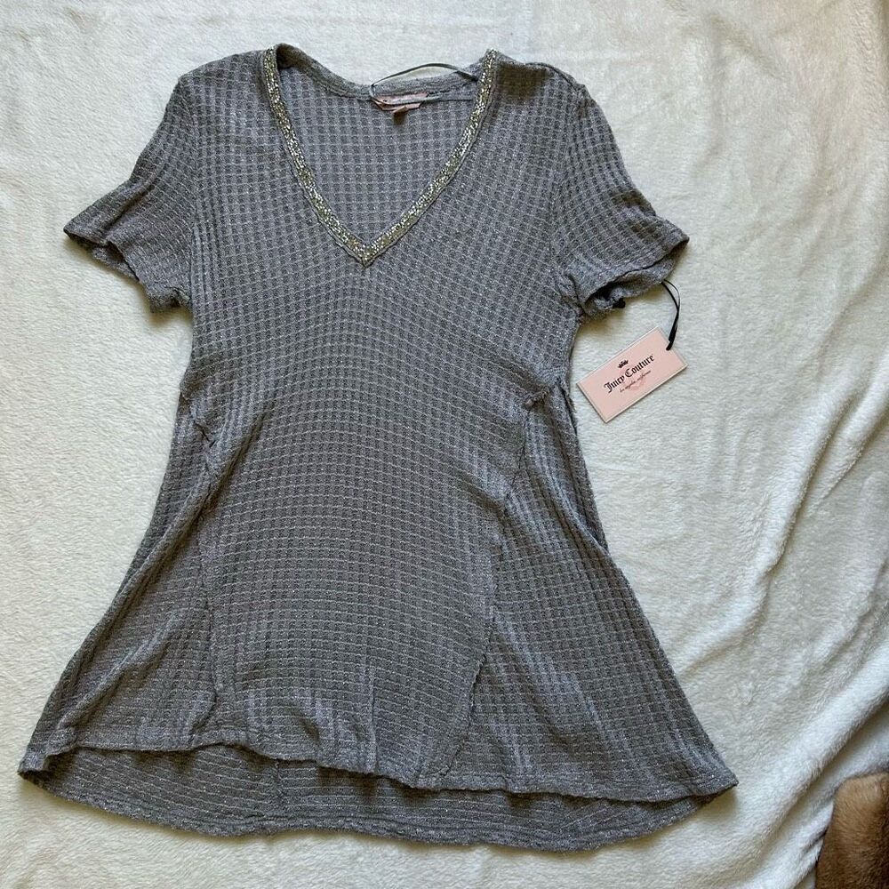Juicy Couture Silver Metallic Knit Top XS NWT Sparkly V-Neck Short Sleeve